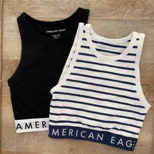 Two American Eagle High Neck Crop Tank Tops, Logo Band, XXS, Black and Striped
